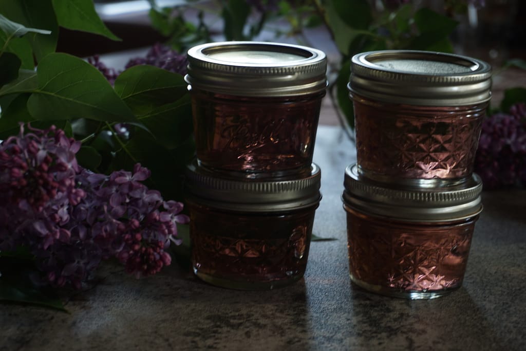edible lilacs - jelly jars with lilac jelly and lilac flowers on a countertop