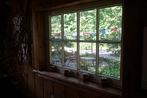 window with view of prayer flags